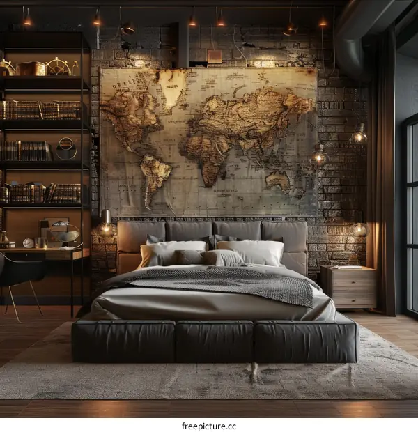 Industrial Style Bedroom with Vintage World Map