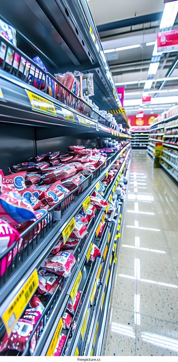 Grocery Store Aisle with Red Packages on Shelves