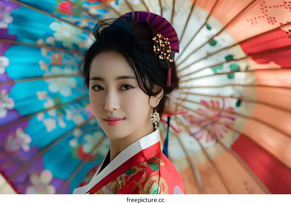 Portrait of a young Korean woman in traditional dress, smiling in front of a colorful umbrella.