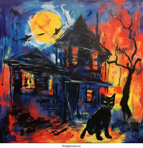 A black cat sits in front of a haunted house on Halloween night