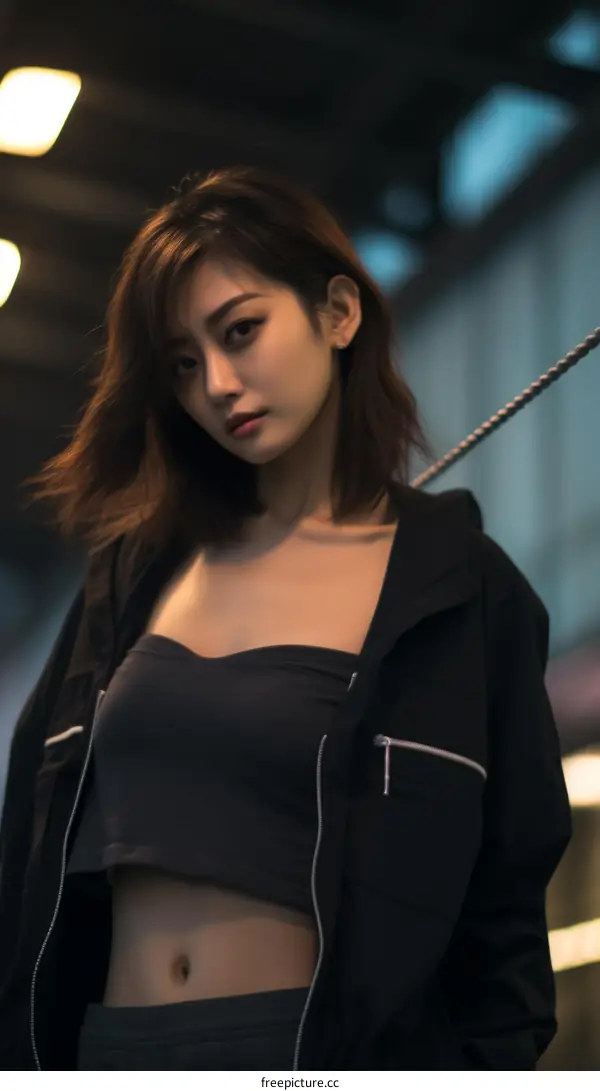 A young Asian woman in a black crop top and black jacket poses in front of a blurred background.