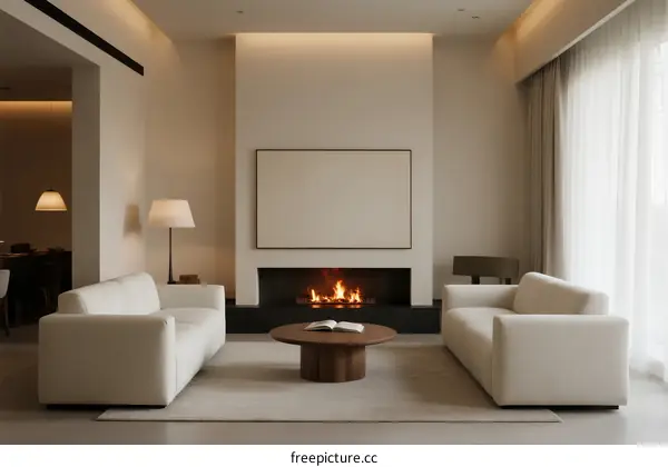 Modern living room with white sofas and warm fireplace