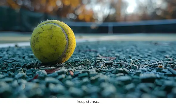 A close-up of a tennis ball on a frosty tennis court with a blurred background