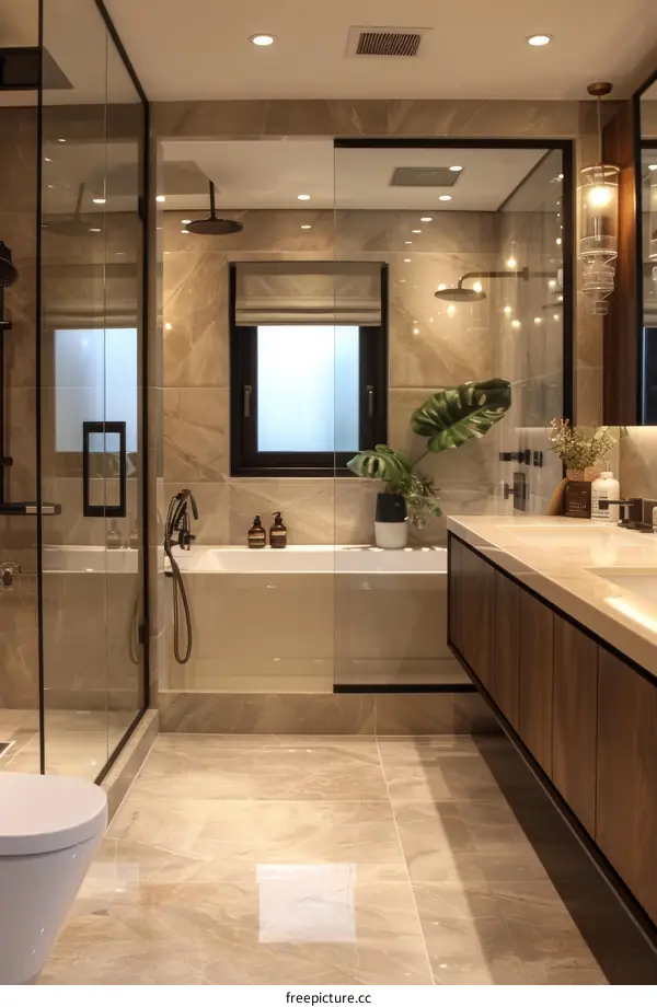 Modern Minimalist Bathroom Design with Green Plants and Natural Lighting
