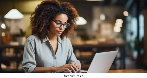Black woman working on laptop in a cafe