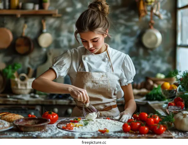 Woman Baking in Rustic Kitchen with Flour and Whisk