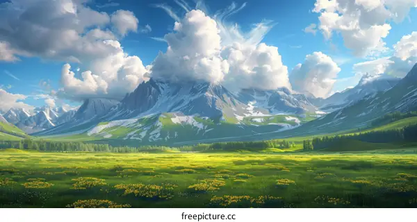 Scenic view of snow capped mountains and green meadow