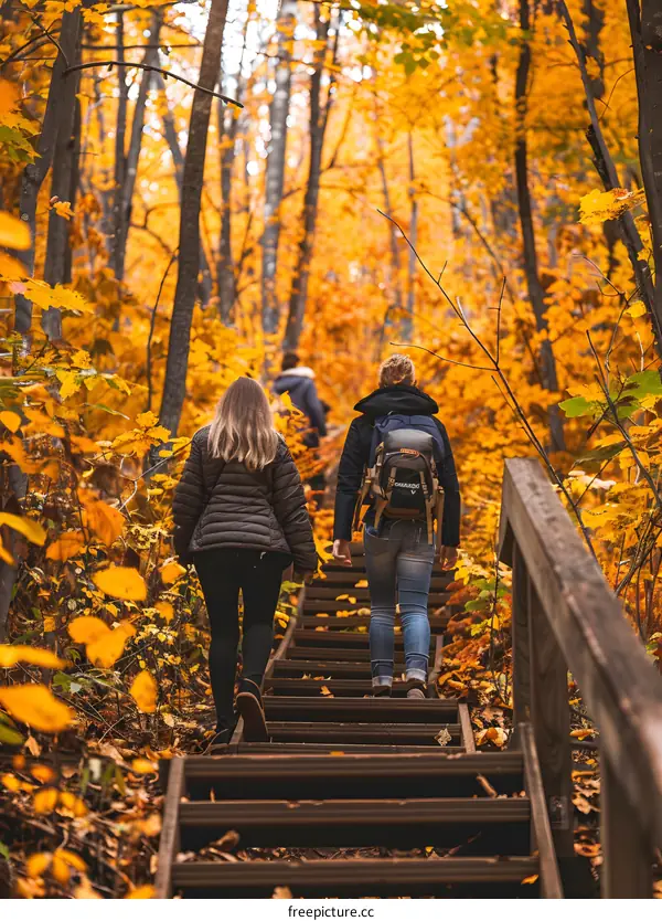 Two Women Hiking Up Stairs In A Forest During Autumn