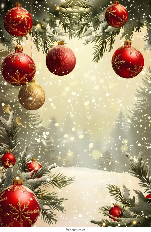 Christmas Tree with Ornaments and Snowflakes