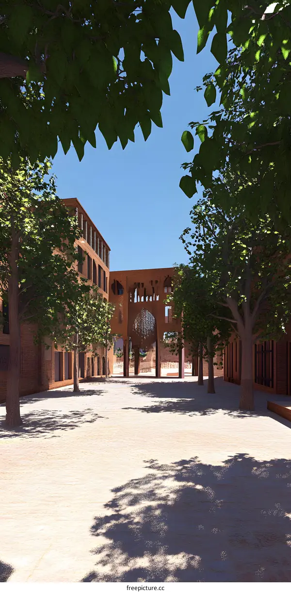 Architectural Design of a Courtyard with Trees and a Gateway