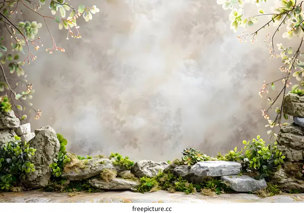 Stone Wall Background with Greenery and Flowers