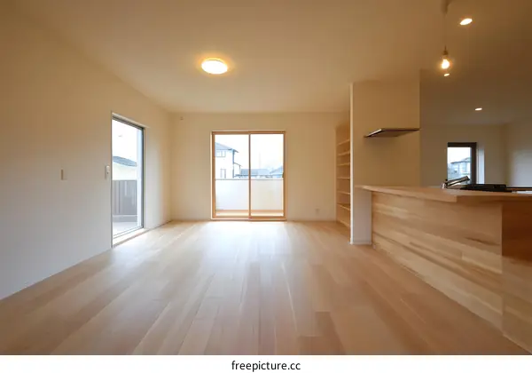 Modern Minimalist Living Room Interior Design with Wooden Flooring and Large Windows