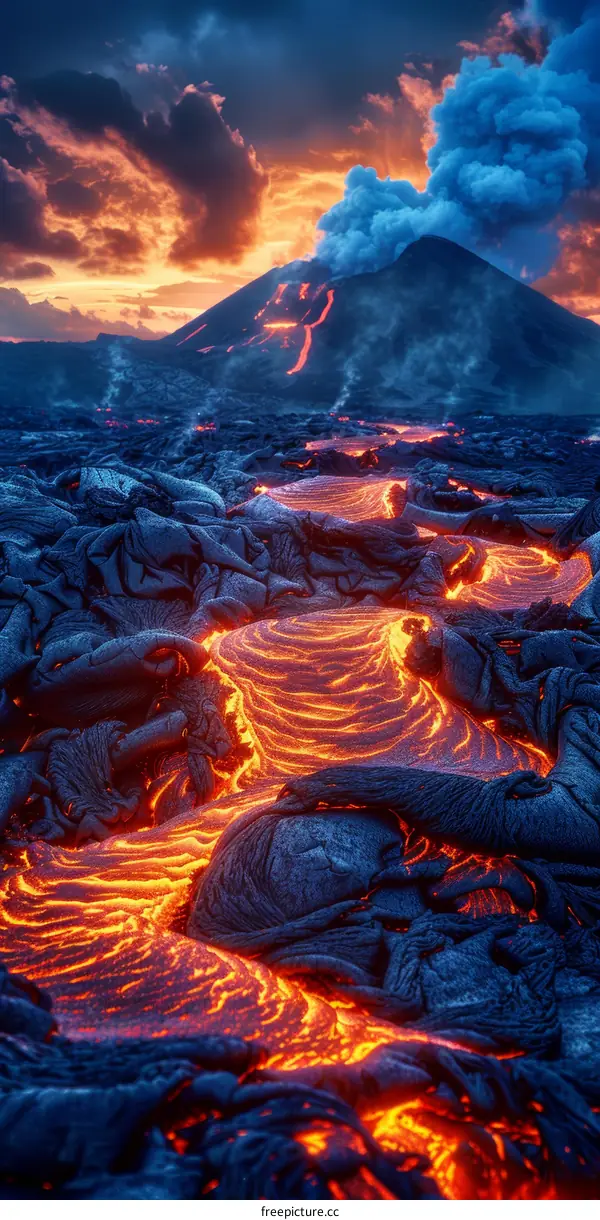 molten lava flowing from erupting volcano at night