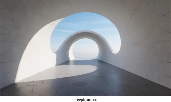 A Series of Curved White Arches Leading to Open Sky