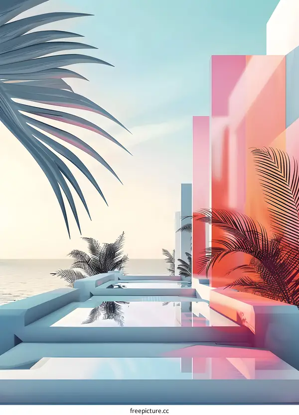 Minimalist Modern Architecture with Palm Trees and a Pool by the Ocean