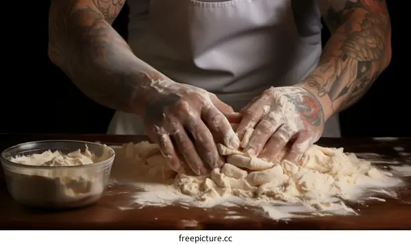 Tattooed chef kneading dough on a wooden table