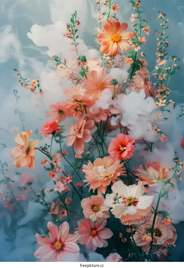 peach colored flowers with white fog