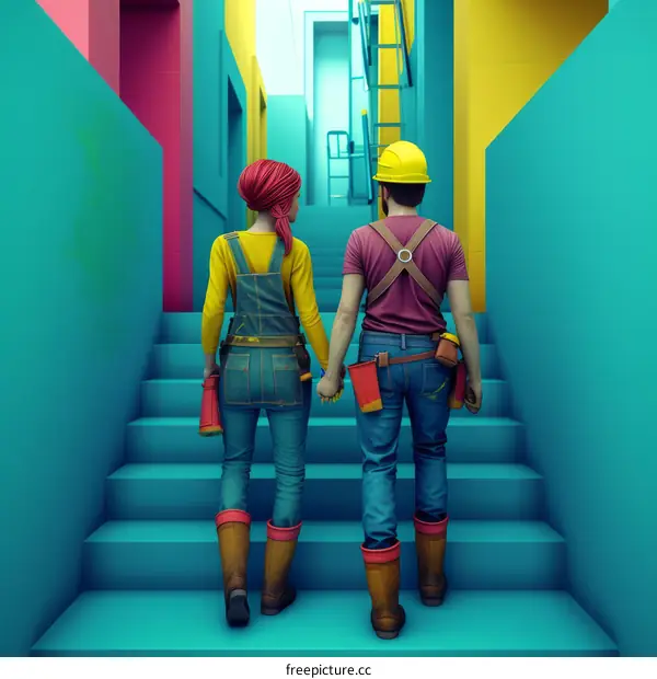 A construction worker couple holding hands and walking up a flight of stairs