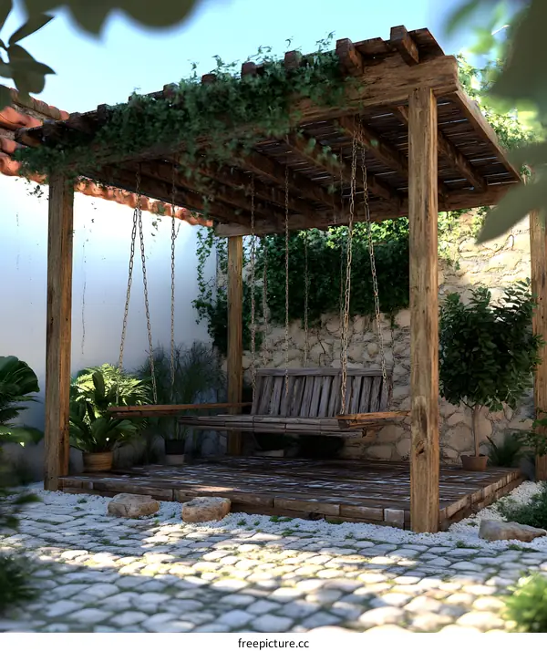 Wooden Swing Under a Pergola with Vines