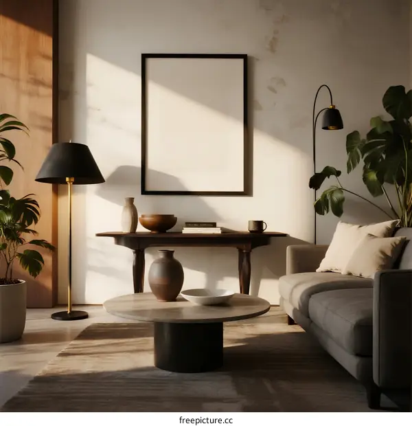 Modern minimalist living room with empty frame and plants