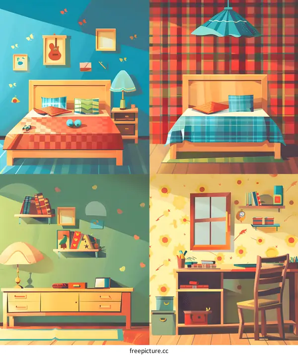 Cartoon Illustration of Four Different Bedroom Interior Designs