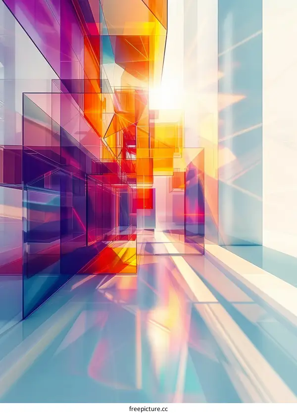 Abstract 3D rendering of a geometric structure with colorful glass blocks and light reflections