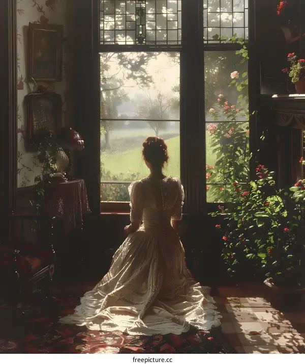 woman in white dress looking out the window