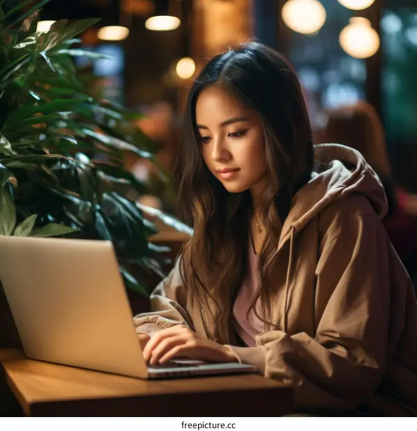 Asian Woman Working on Laptop in a Cafe