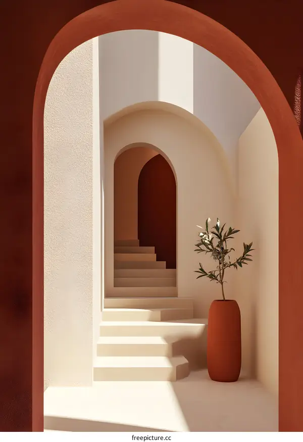Minimalist Archway with Stairs and Plant