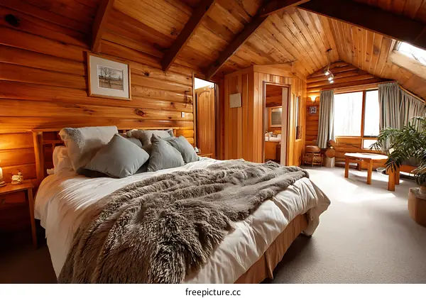 Cozy Wooden Cabin Bedroom with Plush Bedding