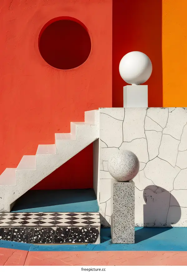 White Steps with a Geometric Circle  and a White Sphere on a Red Wall