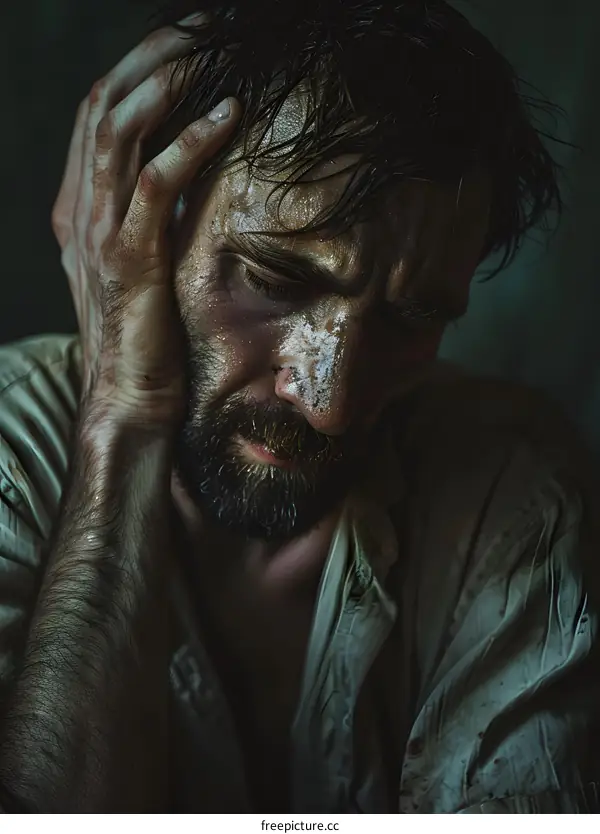 Portrait of a man with dark hair and beard, with his hand on his head