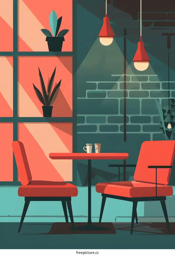 Modern Cafe Interior Design Illustration With Two Red Chairs