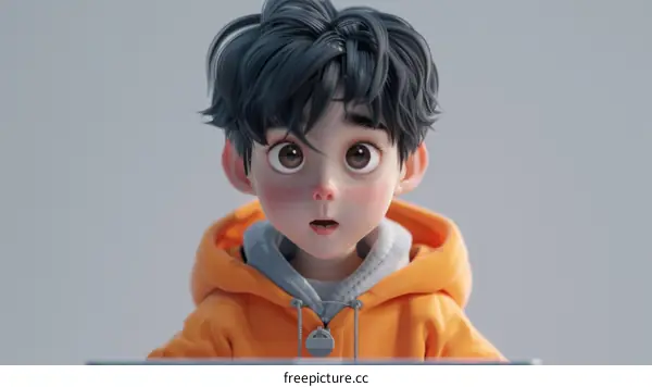 Realistic 3D Render of Young Boy in Orange Hoodie