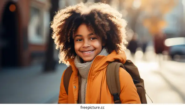 portrait of a smiling African-American school boy with a backpack
