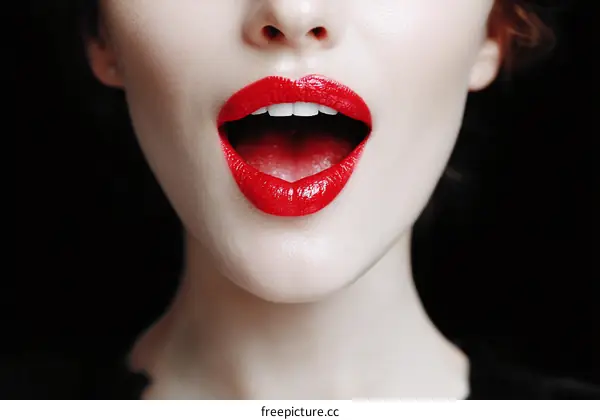 Closeup of womans lips with red lipstick