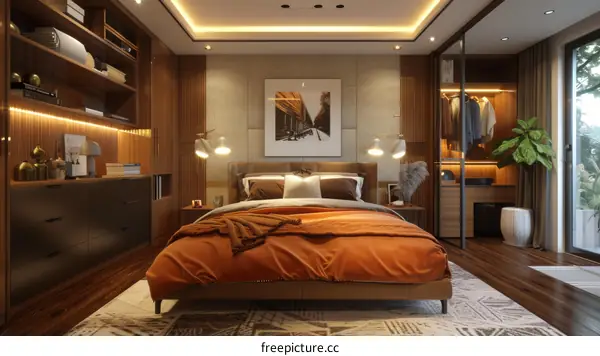 Modern bedroom interior design with warm colors