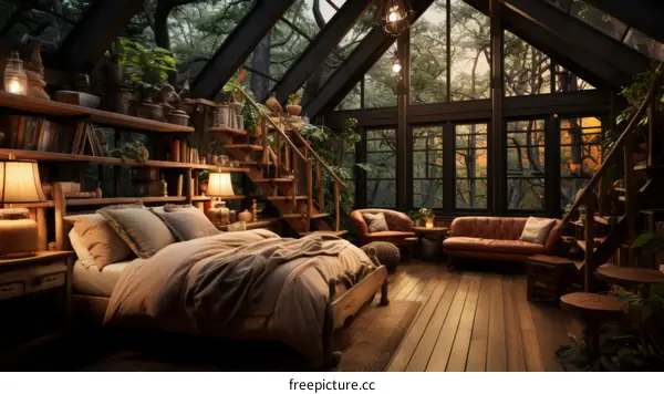 Cozy Cabin Bedroom and Living Area Nestled in Woods