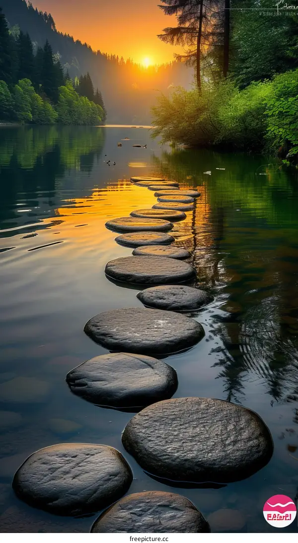 Stepping stones in a lake at sunset