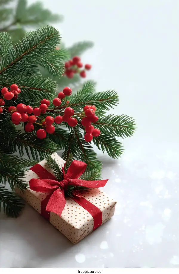 Christmas Gift Box Decorated with Fir Tree Branches