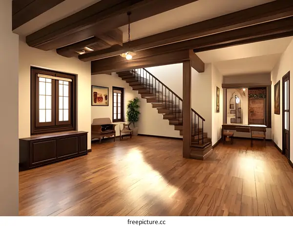 Wooden Staircase In Modern Rustic Home Interior