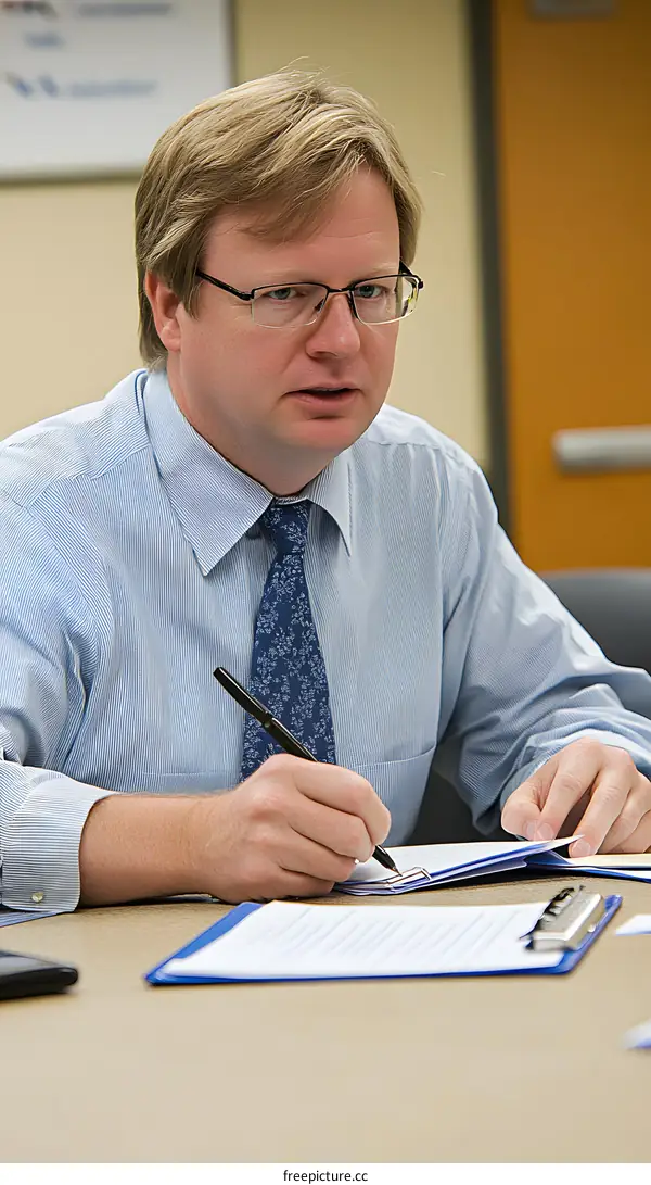 Businessman in a Blue Shirt Writing on a Clipboard