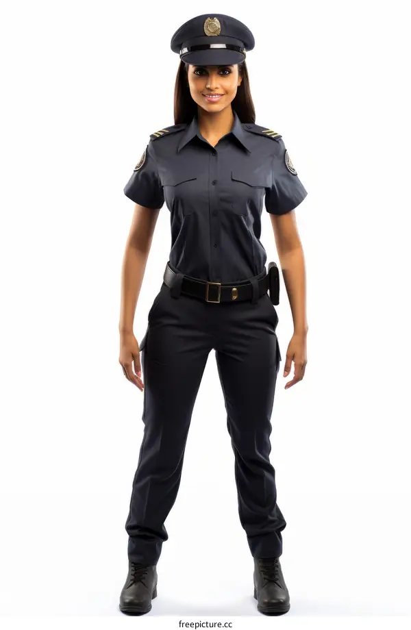 A policewoman in uniform with a gun and a badge