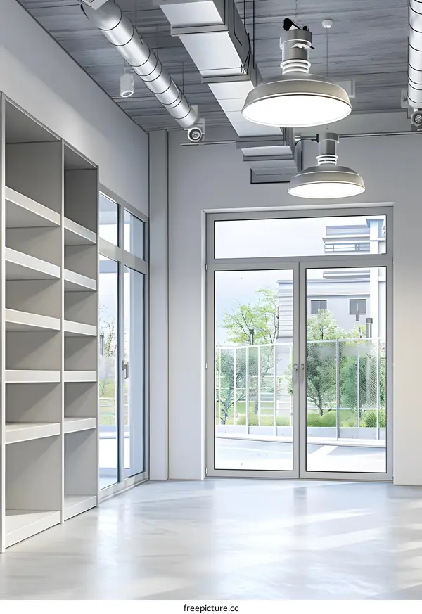 Modern White Interior Room with Large Windows and Exposed Ductwork