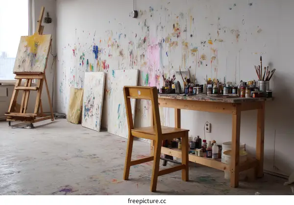 An Artistic Studio with Colorful Paintings and Supplies