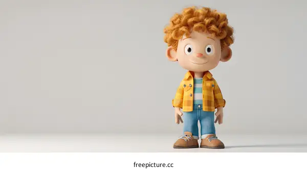 Cute Cartoon Boy with Curly Red Hair Wearing a Plaid Shirt and Blue Jeans