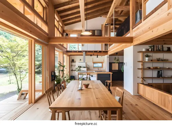 Modern Wooden House Interior Design with Open Floor Plan and Large Windows