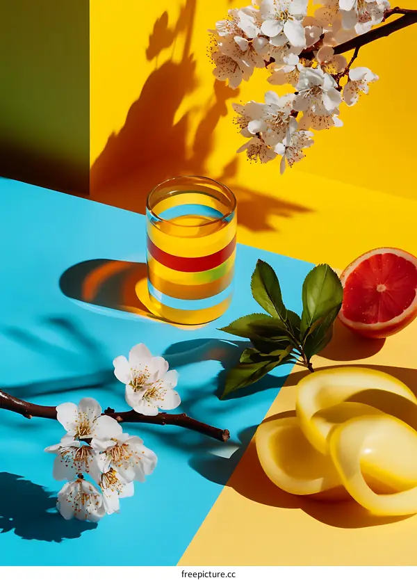 Glass of Juice with Colorful Stripes and Flowers