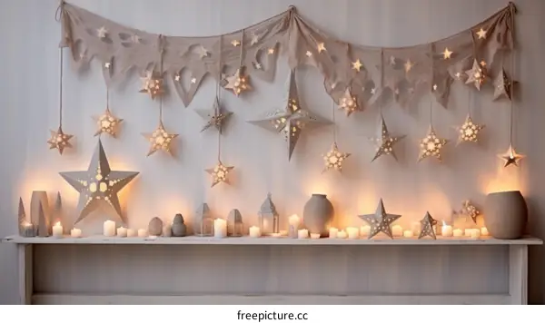 3D illustration of a cozy home decorated with paper stars and lights