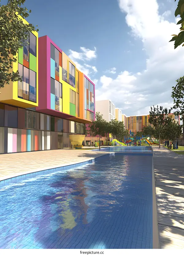 Modern Colorful Building Complex with Swimming Pool and Playground
